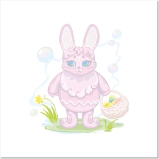 Easter pink bunny with a basket of eggs Posters and Art